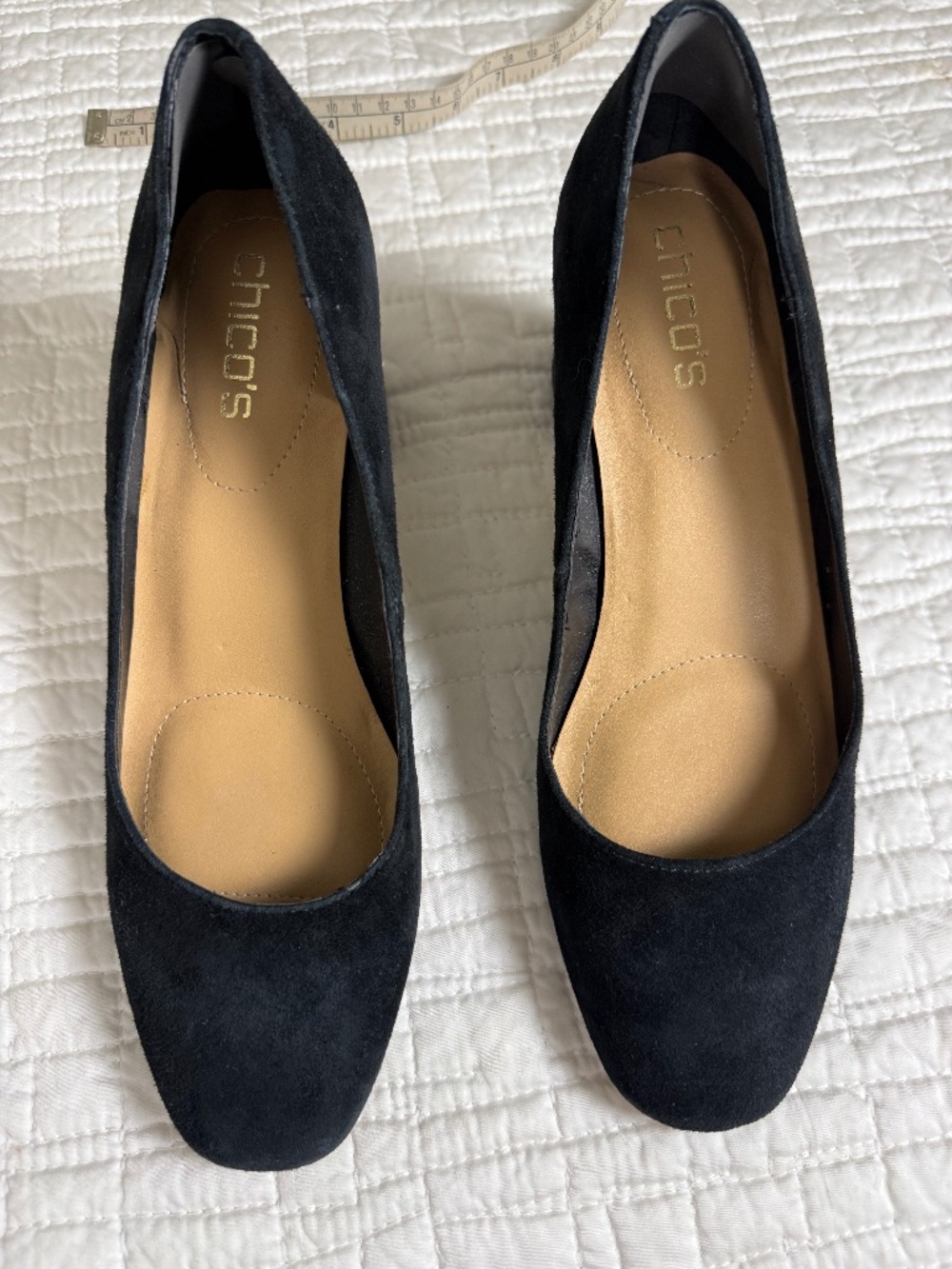 Chico's Black Suede Pearl Trim Block Heel Pumps Size 9M